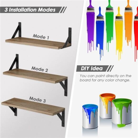 Floating Shelves with Black Metal Brackets Set of 3, Light Wood Wall Bookshelf - Picture 6 of 8